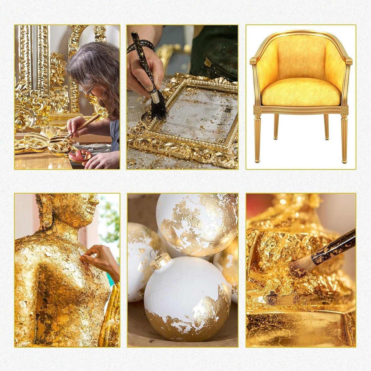 Collage of gold-leafing process and finished products including a chair, Buddha statue, and decorative spheres.