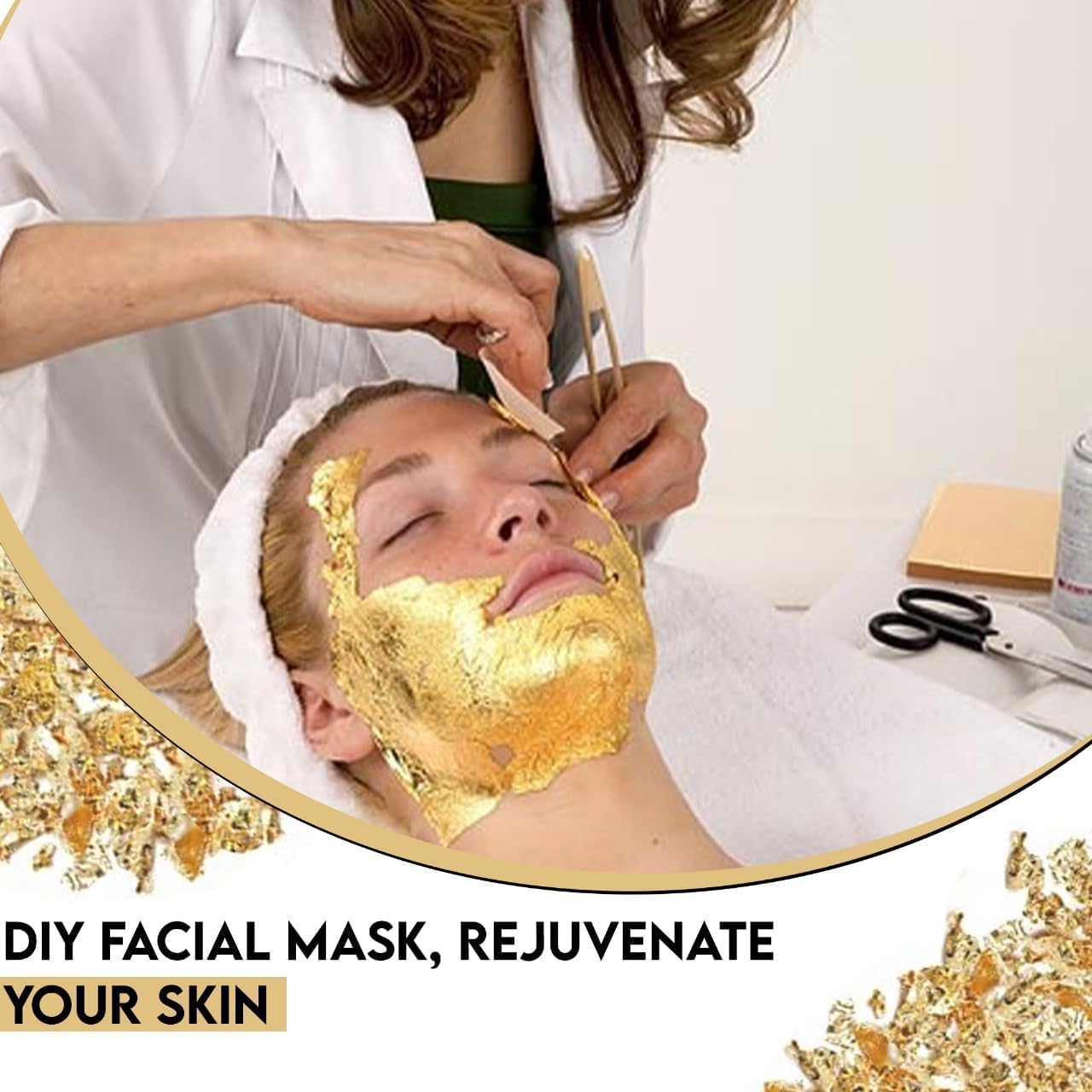 Person applying a gold facial mask to another person's face with text 'DIY Facial Mask, Rejuvenate Your Skin'.