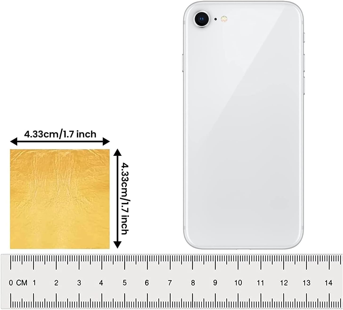 Smartphone size comparison with a ruler and gold square