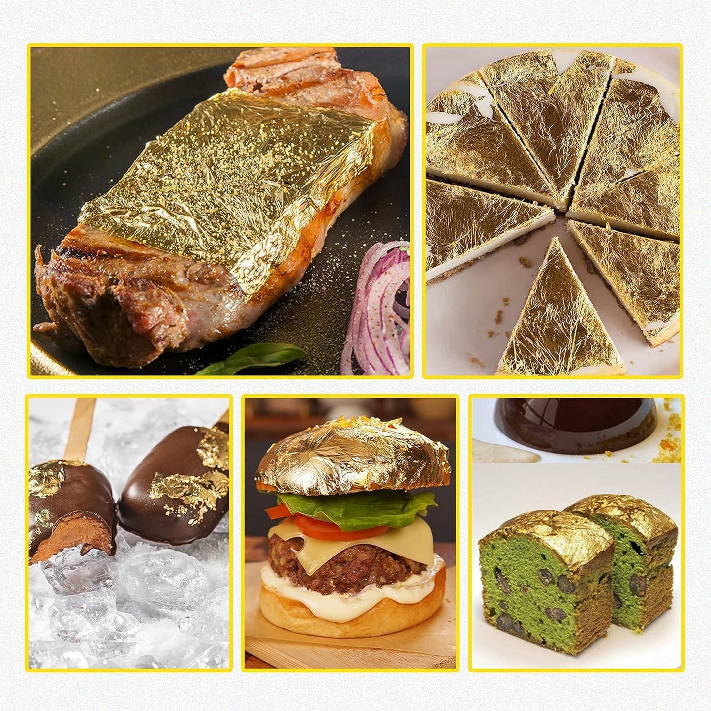 Collage of food items with gold leaf including a steak, cake, cookies, and burger.