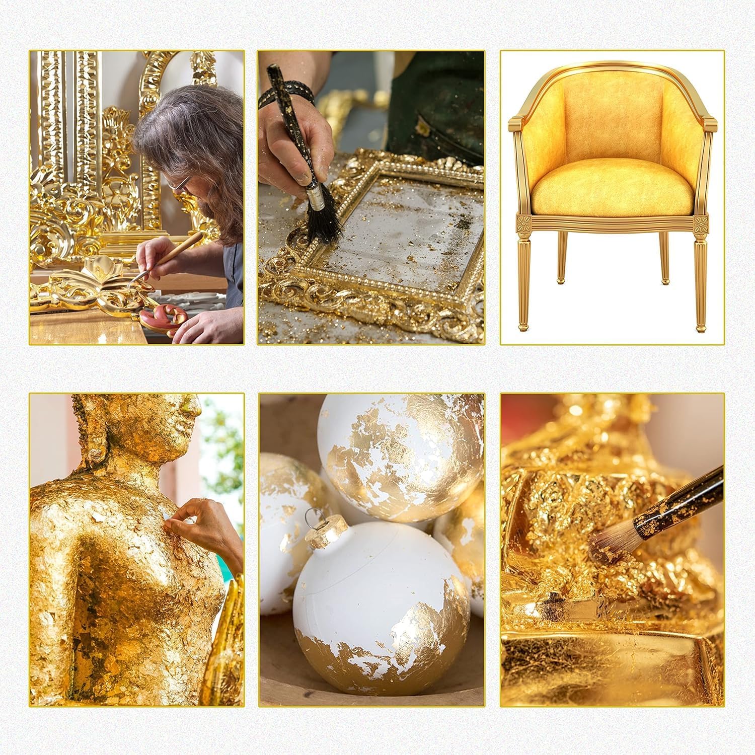 Collage of gold-leafing process and finished products including a chair, Buddha statue, and decorative spheres.